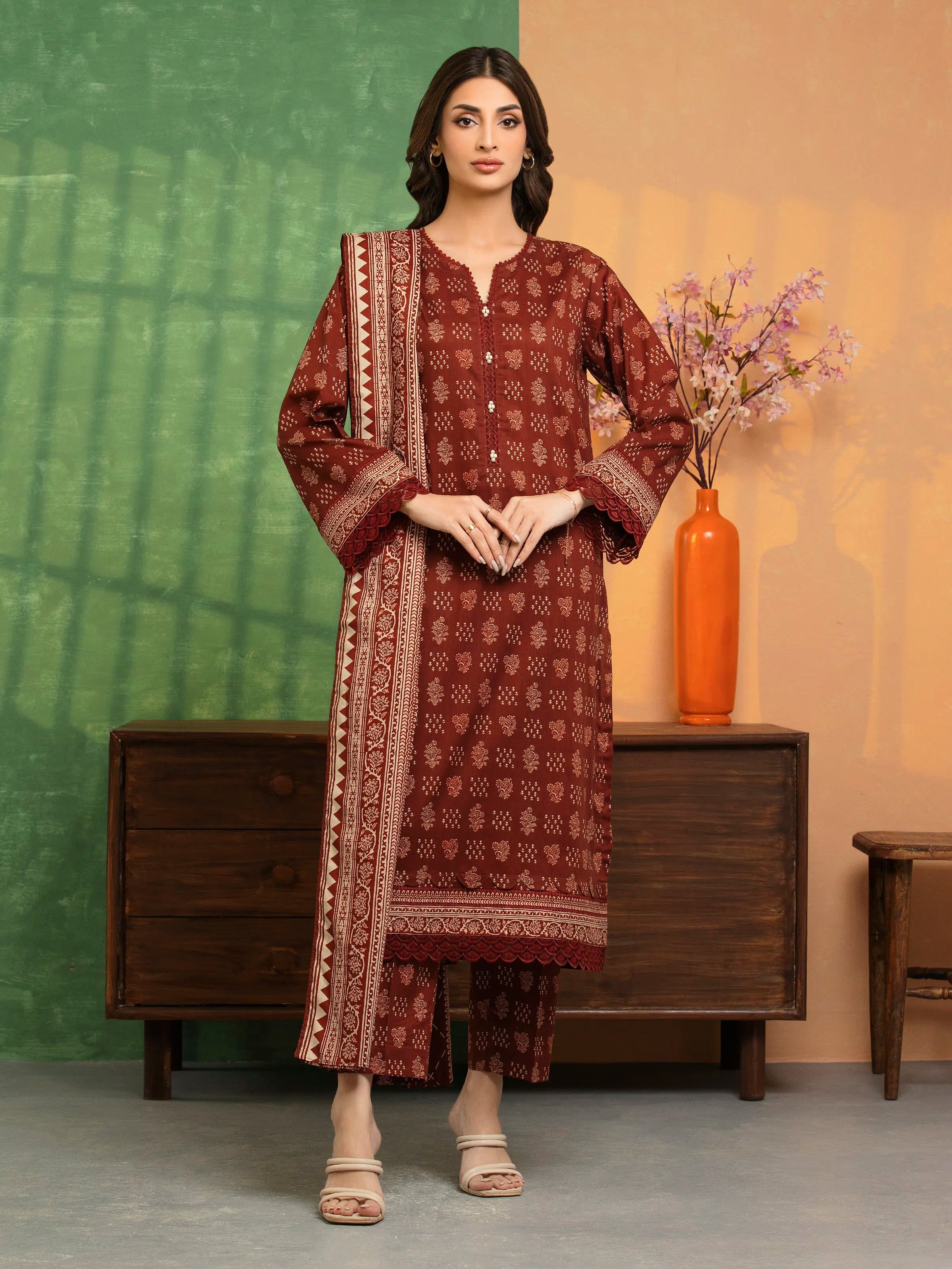 Amber Dusk – Dark Rust Printed Lawn 3 Piece