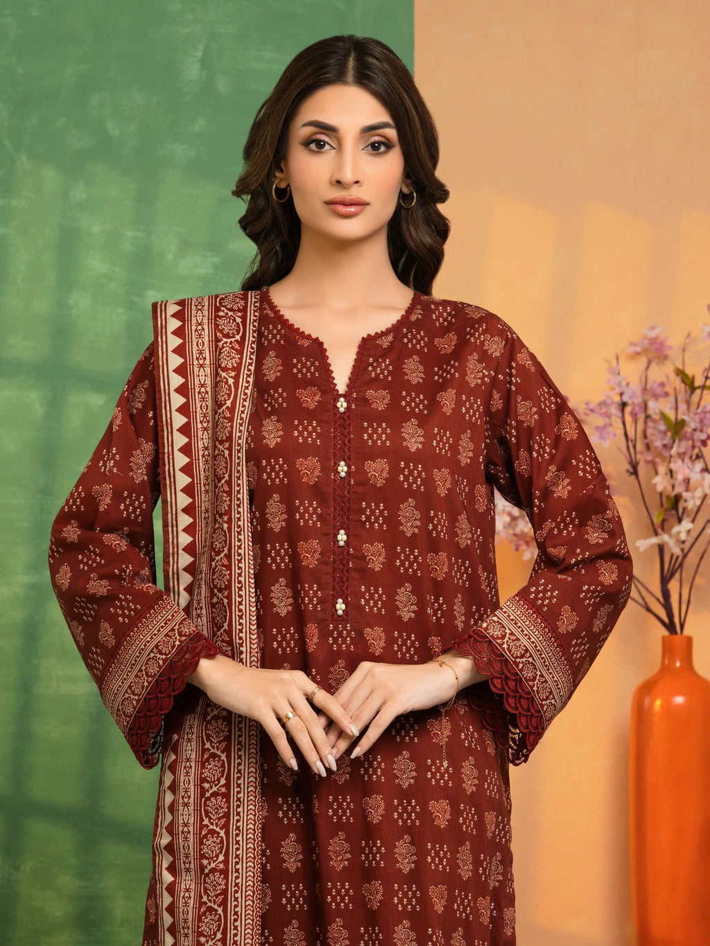 Amber Dusk – Dark Rust Printed Lawn 3 Piece