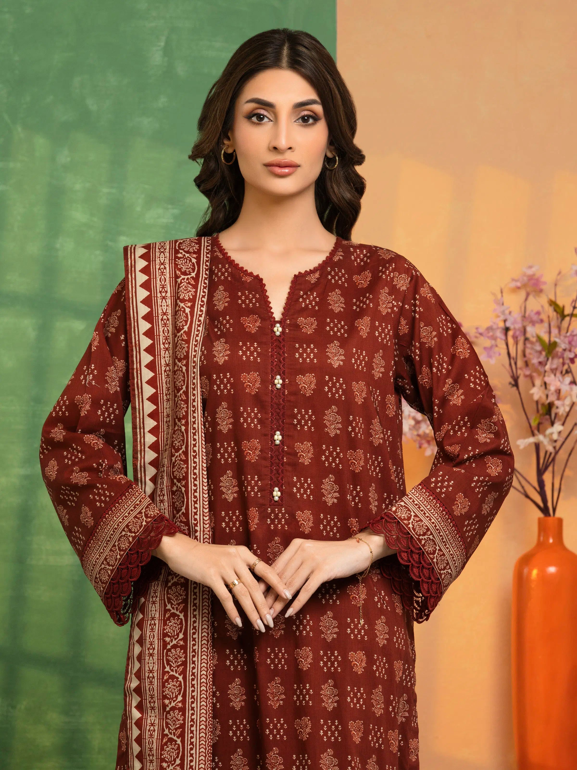 Amber Dusk – Dark Rust Printed Lawn 3 Piece