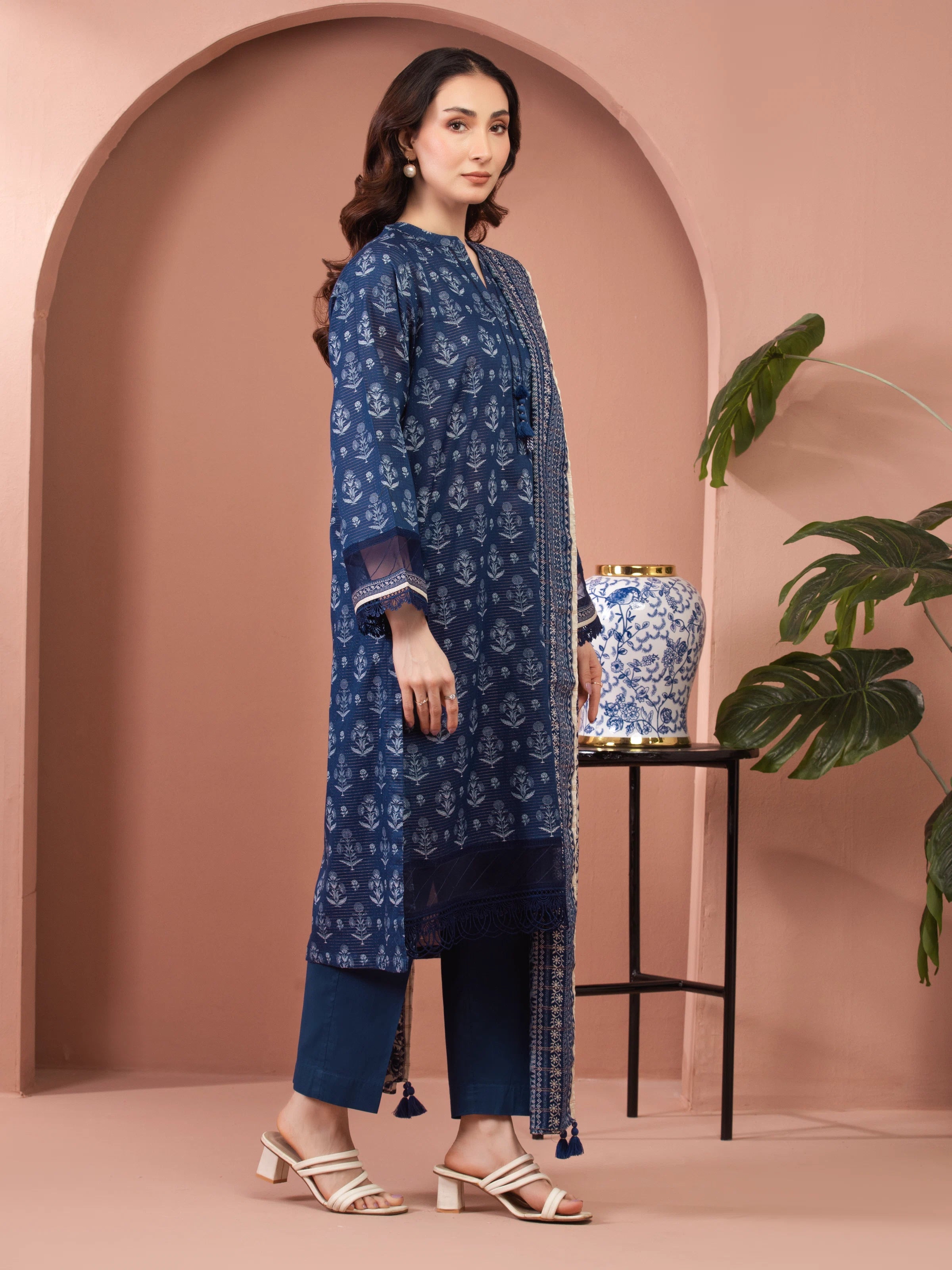 Azure Radiance – Blue Printed Zari Lawn 3 Piece