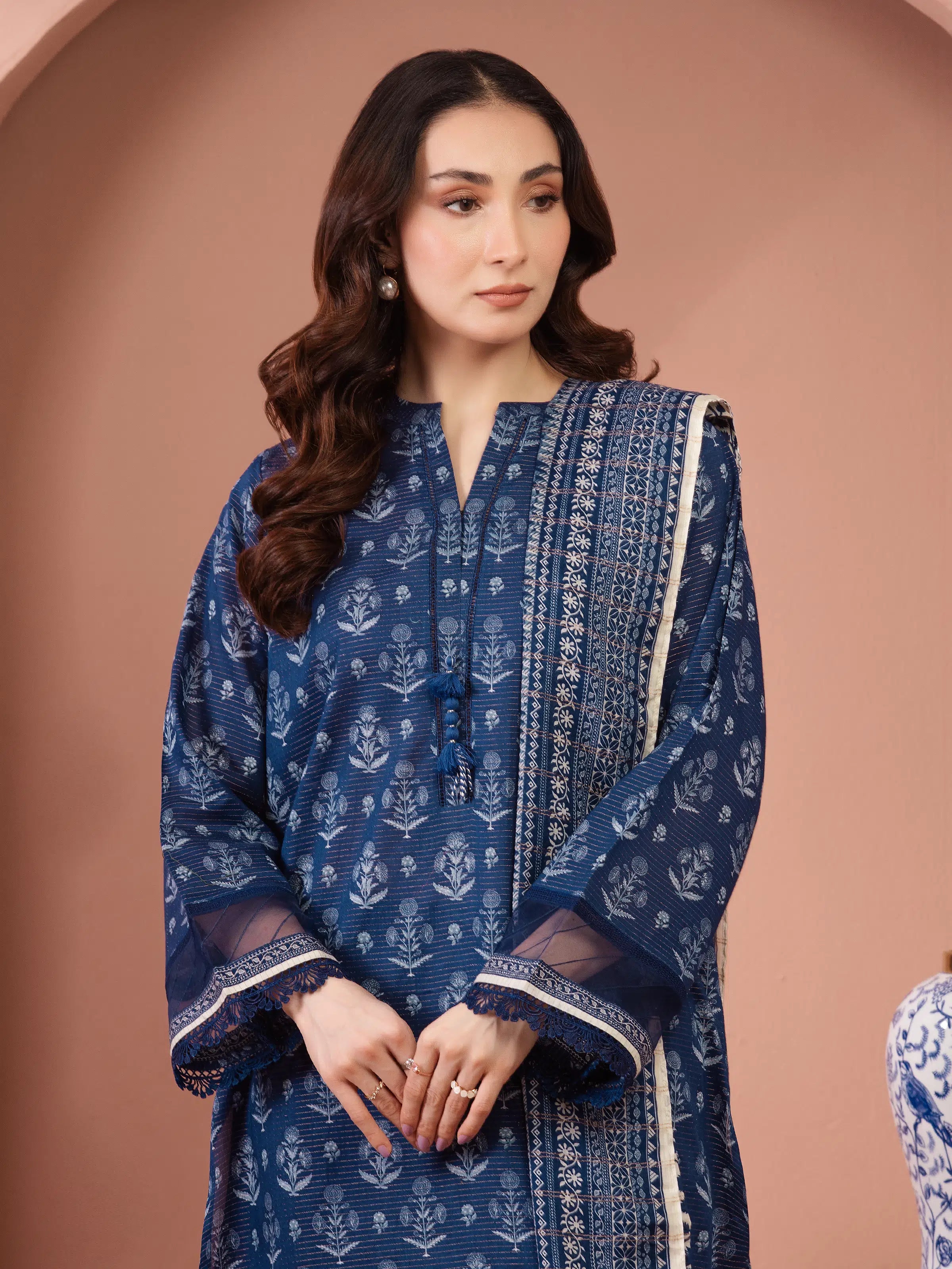 Azure Radiance – Blue Printed Zari Lawn 3 Piece