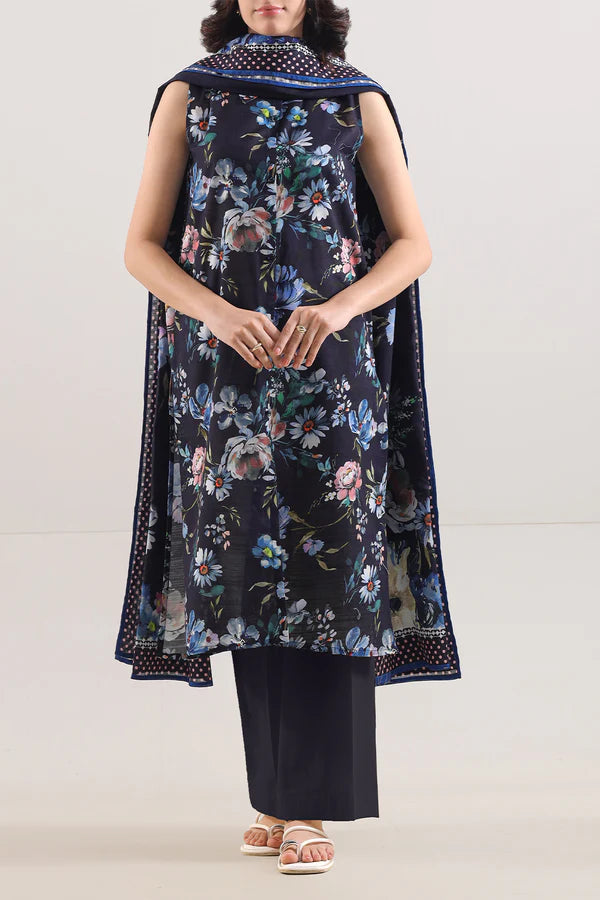 Midnight Frost – Navy Blue Cotton Khaddar 3 Piece