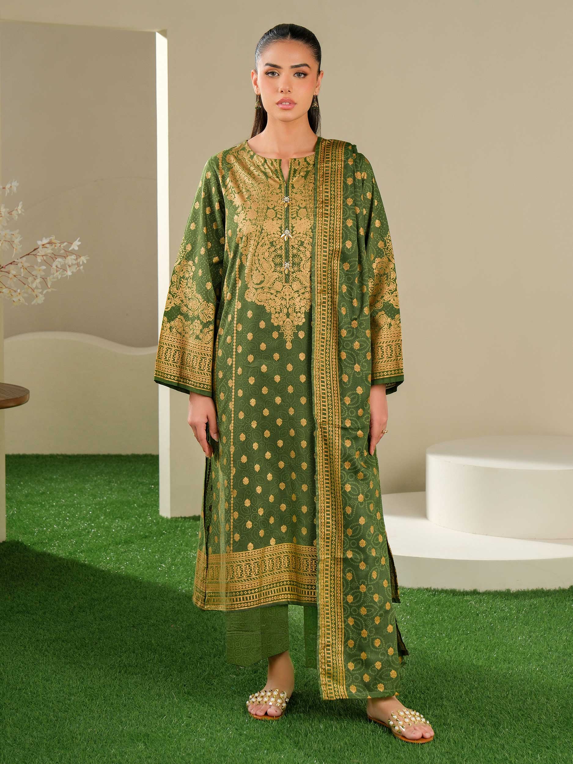 Emerald Whisper – Green Printed Lawn 3 Piece