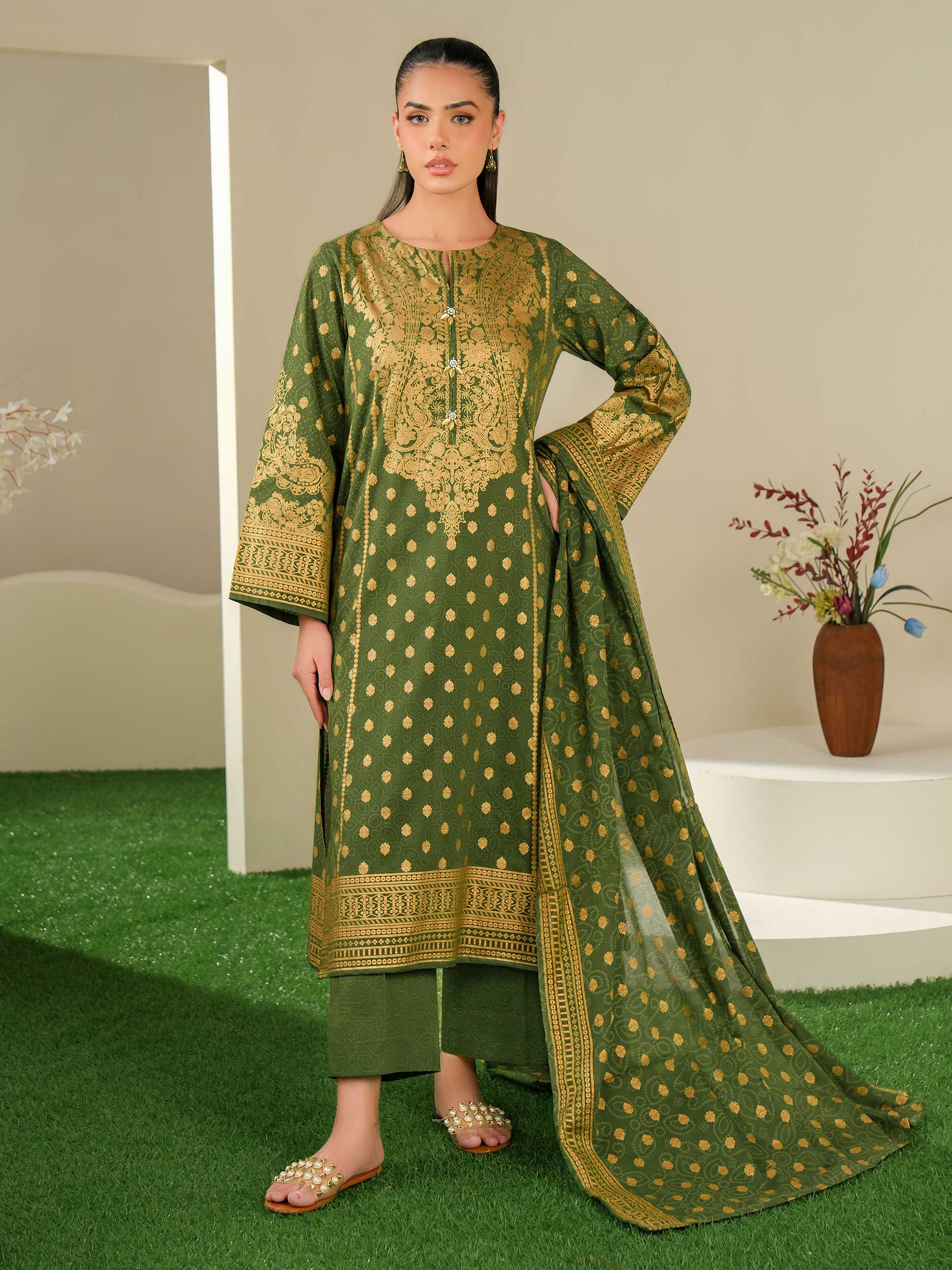 Emerald Whisper – Green Printed Lawn 3 Piece