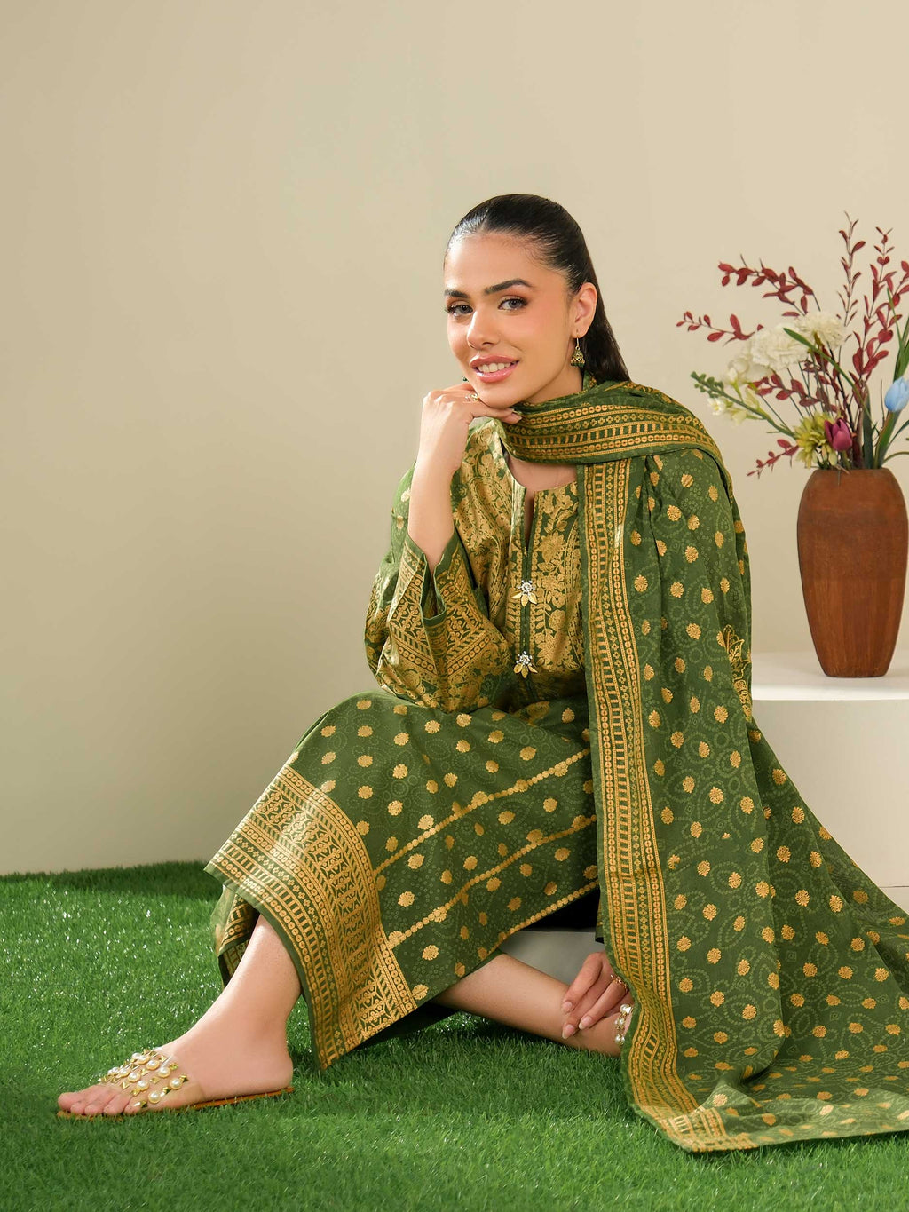 Emerald Whisper – Green Printed Lawn 3 Piece